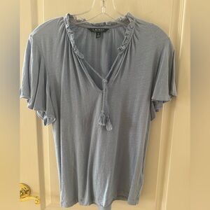 Lauren by Ralph Lauren Size Medium blue short ruffle sleeve peasant top NWOT